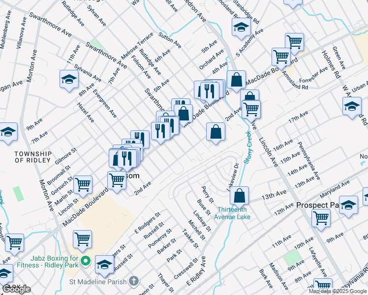 map of restaurants, bars, coffee shops, grocery stores, and more near 210 Ridley Avenue in Folsom