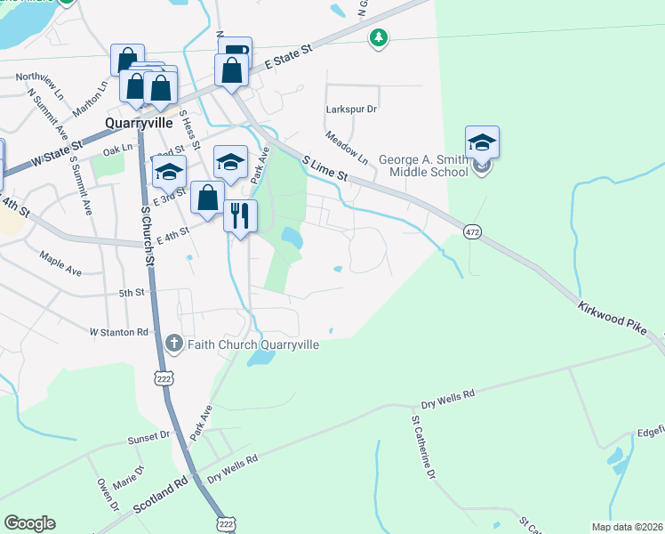 map of restaurants, bars, coffee shops, grocery stores, and more near 403 Park Avenue in Quarryville