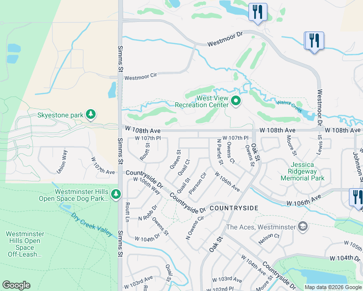 map of restaurants, bars, coffee shops, grocery stores, and more near 11351 West 107th Avenue in Westminster