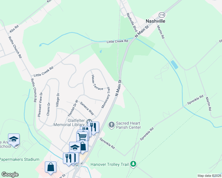 map of restaurants, bars, coffee shops, grocery stores, and more near 527 North Main Street in Spring Grove
