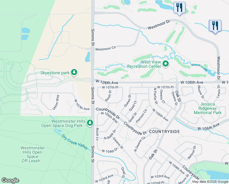 map of restaurants, bars, coffee shops, grocery stores, and more near 10648 Routt Street in Westminster