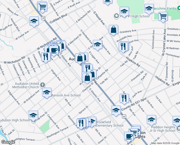map of restaurants, bars, coffee shops, grocery stores, and more near 277 South White Horse Pike in Audubon