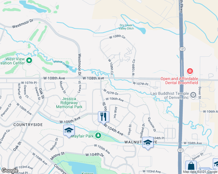 map of restaurants, bars, coffee shops, grocery stores, and more near 9748 West 107th Drive in Westminster