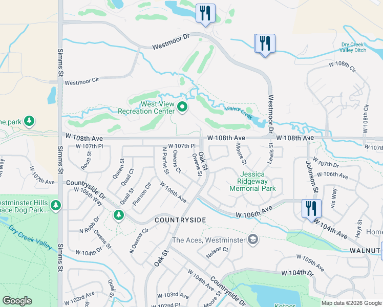 map of restaurants, bars, coffee shops, grocery stores, and more near 10801 West 107th Place in Westminster