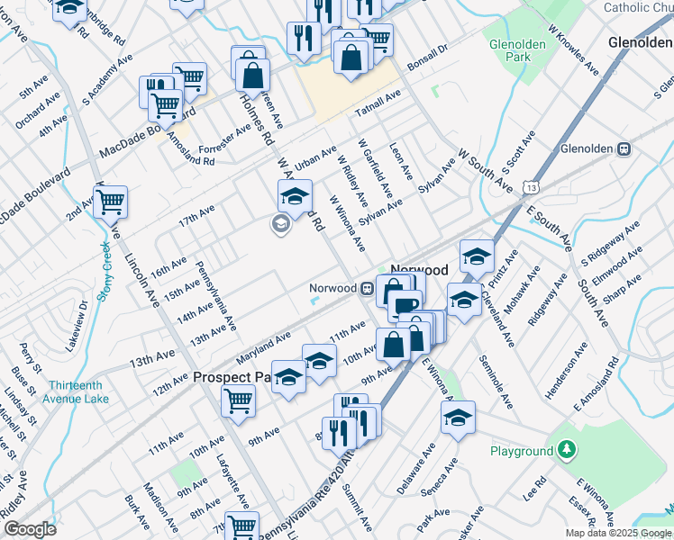 map of restaurants, bars, coffee shops, grocery stores, and more near 1222 West Amosland Road in Prospect Park