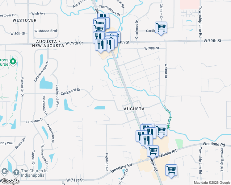 map of restaurants, bars, coffee shops, grocery stores, and more near 7755 Pershing Road in Indianapolis