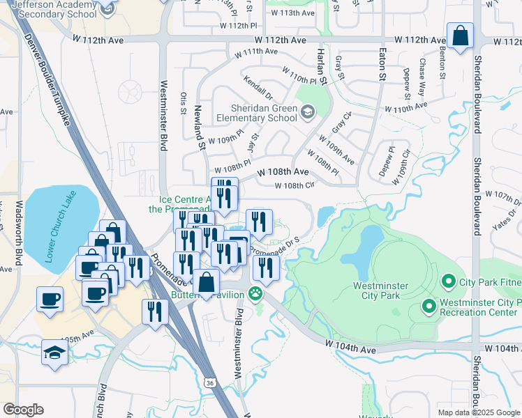 map of restaurants, bars, coffee shops, grocery stores, and more near 10650 Westminster Boulevard in Westminster