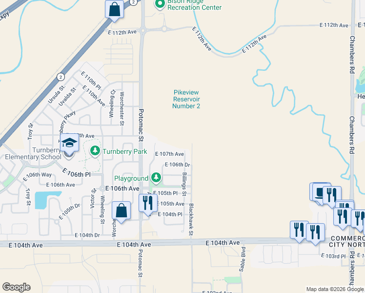 map of restaurants, bars, coffee shops, grocery stores, and more near 10700 Billings Street in Commerce City