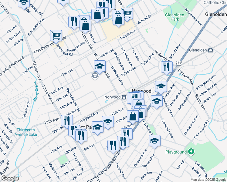 map of restaurants, bars, coffee shops, grocery stores, and more near 1222 West Amosland Road in Prospect Park