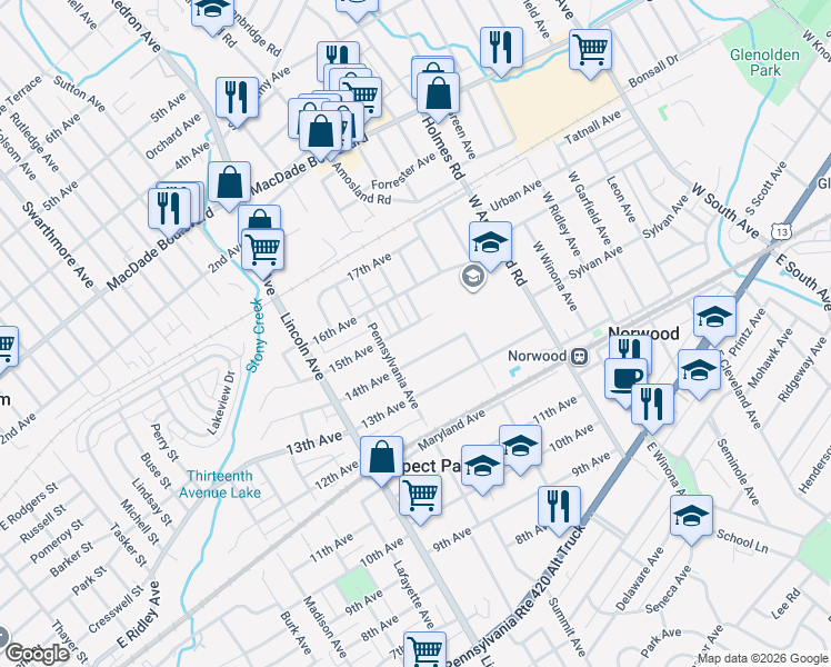 map of restaurants, bars, coffee shops, grocery stores, and more near 1520 Evans Avenue in Prospect Park
