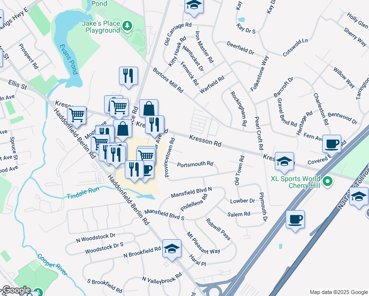 map of restaurants, bars, coffee shops, grocery stores, and more near 307 Provincetown Circle in Cherry Hill Township
