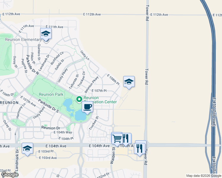 map of restaurants, bars, coffee shops, grocery stores, and more near 18058 East 108th Place in Commerce City