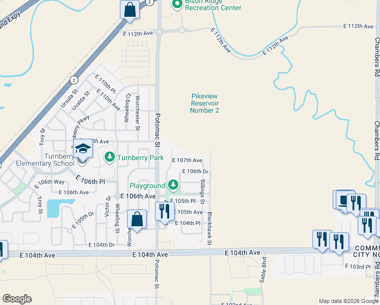 map of restaurants, bars, coffee shops, grocery stores, and more near 10700 Billings Street in Commerce City