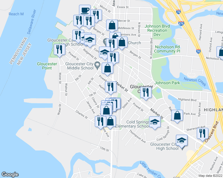 map of restaurants, bars, coffee shops, grocery stores, and more near 200 Broadway in Gloucester City