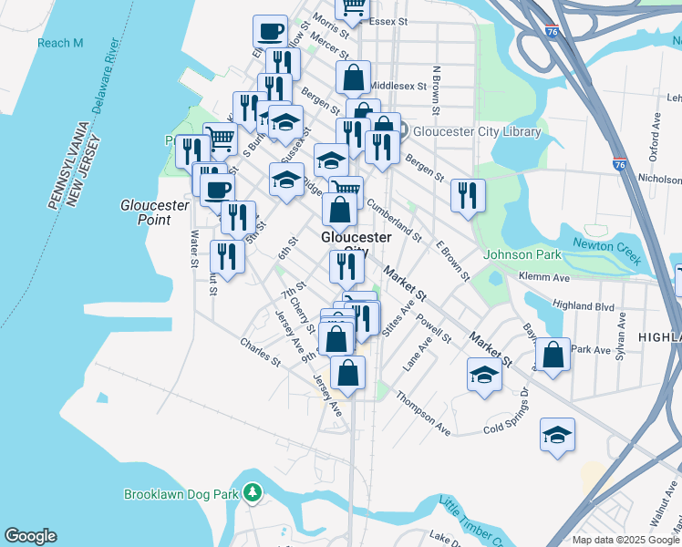 map of restaurants, bars, coffee shops, grocery stores, and more near 702 Powell Street in Gloucester City