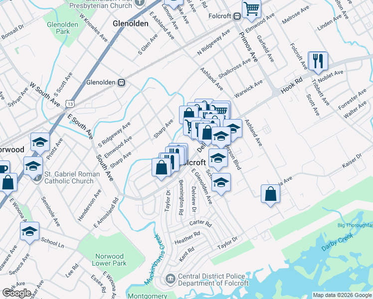 map of restaurants, bars, coffee shops, grocery stores, and more near 617a Grant Road in Folcroft