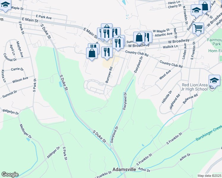 map of restaurants, bars, coffee shops, grocery stores, and more near 201 Country Ridge Drive in Red Lion