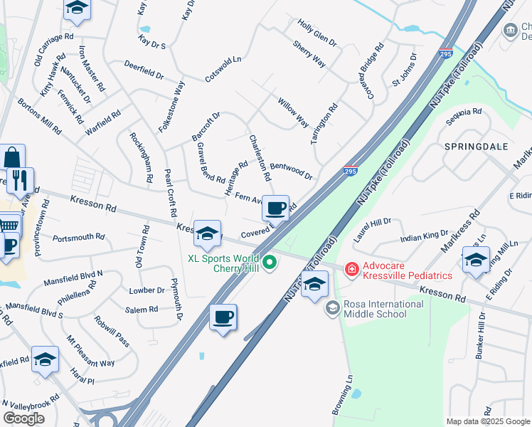 map of restaurants, bars, coffee shops, grocery stores, and more near 1324 Charleston Road in Cherry Hill