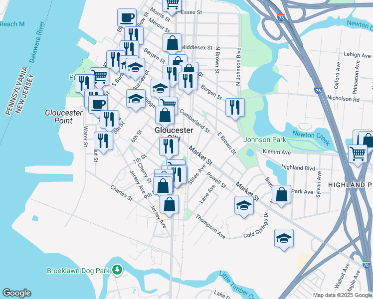 map of restaurants, bars, coffee shops, grocery stores, and more near in Gloucester City