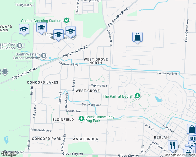 map of restaurants, bars, coffee shops, grocery stores, and more near 3580 Magnolia Street in Grove City