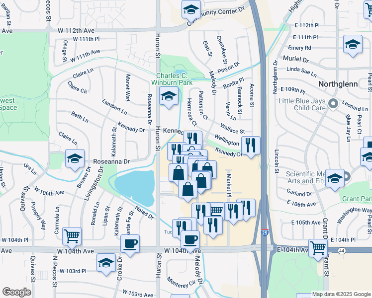 map of restaurants, bars, coffee shops, grocery stores, and more near 555 Kennedy Drive in Northglenn