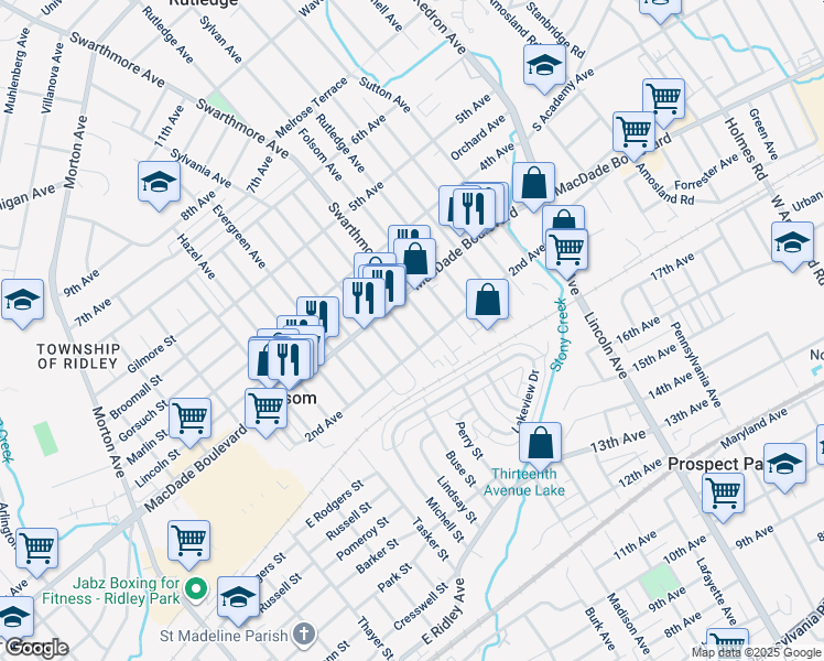 map of restaurants, bars, coffee shops, grocery stores, and more near 214 Ridley Avenue in Folsom