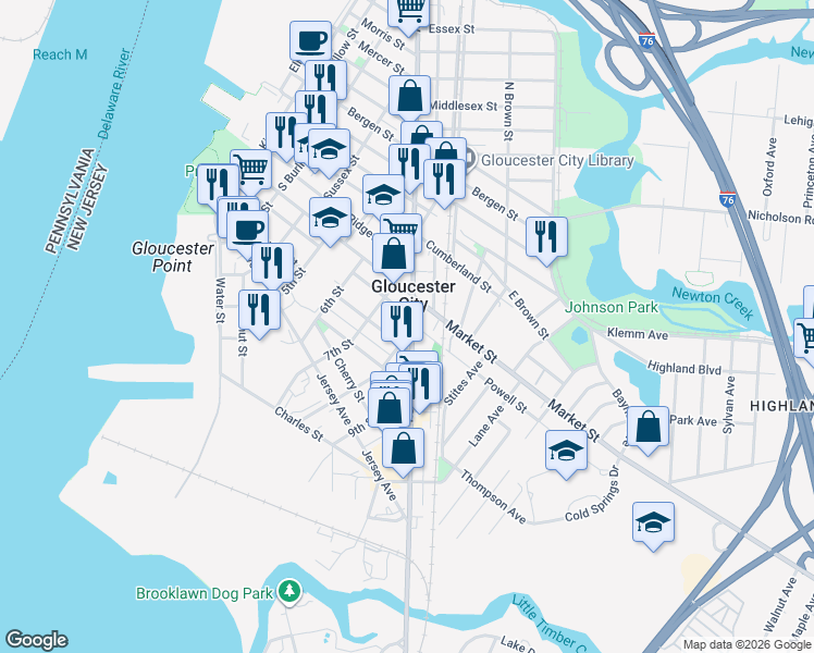 map of restaurants, bars, coffee shops, grocery stores, and more near in Gloucester City