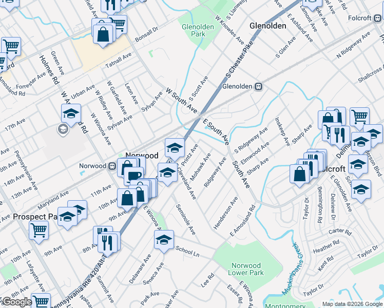 map of restaurants, bars, coffee shops, grocery stores, and more near 105-107 Printz Avenue in Norwood