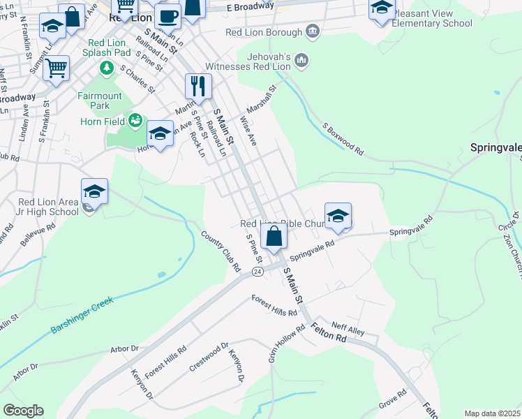 map of restaurants, bars, coffee shops, grocery stores, and more near 675 South Main Street in Red Lion