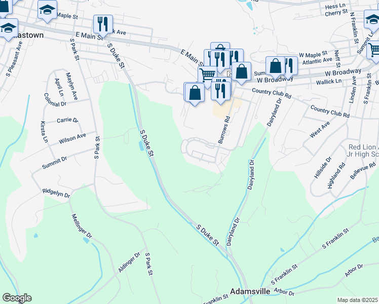 map of restaurants, bars, coffee shops, grocery stores, and more near 307 Country Ridge Drive in Red Lion