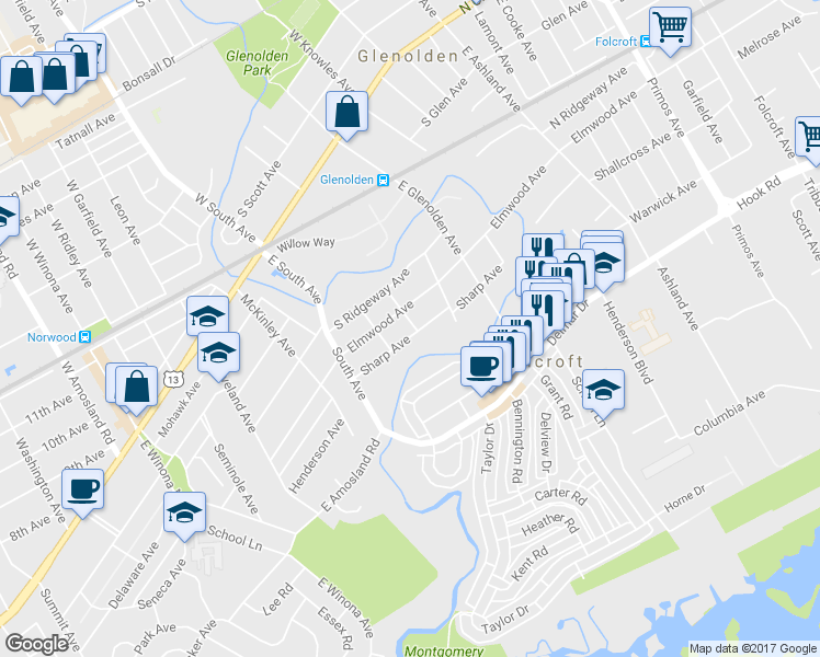 map of restaurants, bars, coffee shops, grocery stores, and more near 500 Sharp Avenue in Glenolden