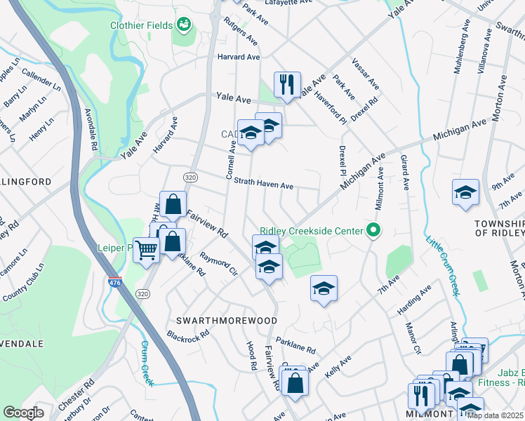 map of restaurants, bars, coffee shops, grocery stores, and more near 544 Westminster Avenue in Swarthmore