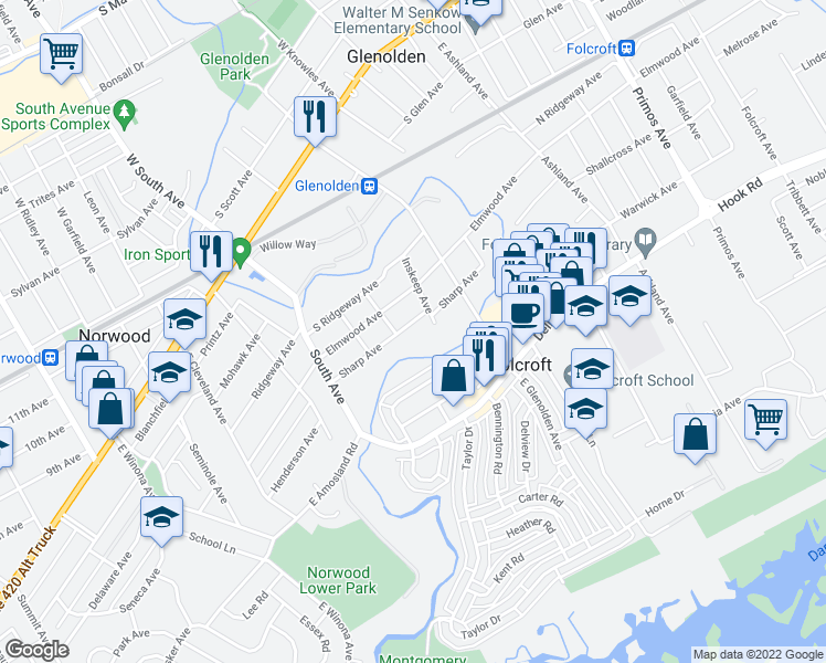 map of restaurants, bars, coffee shops, grocery stores, and more near 409 Sharp Ave in Glenolden