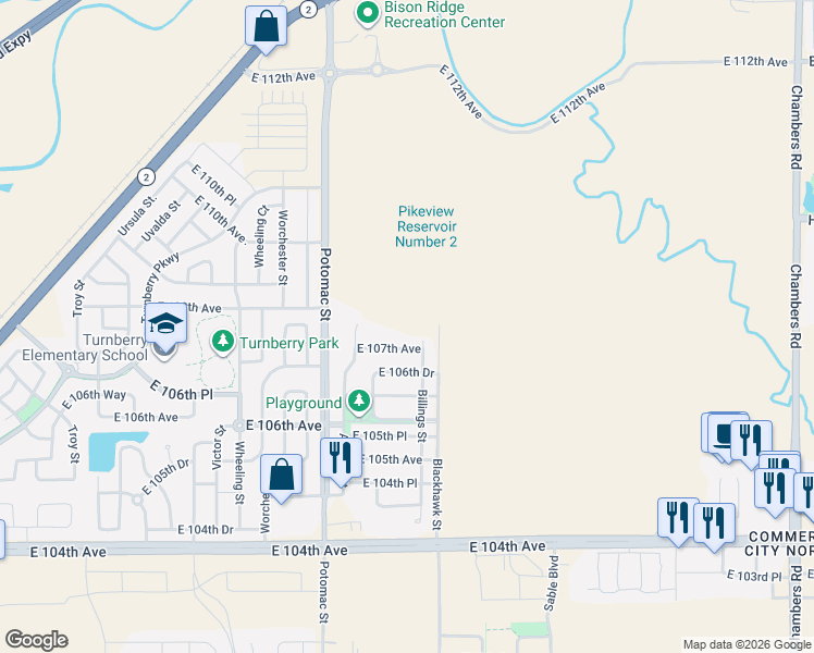 map of restaurants, bars, coffee shops, grocery stores, and more near 10700 Billings Street in Commerce City