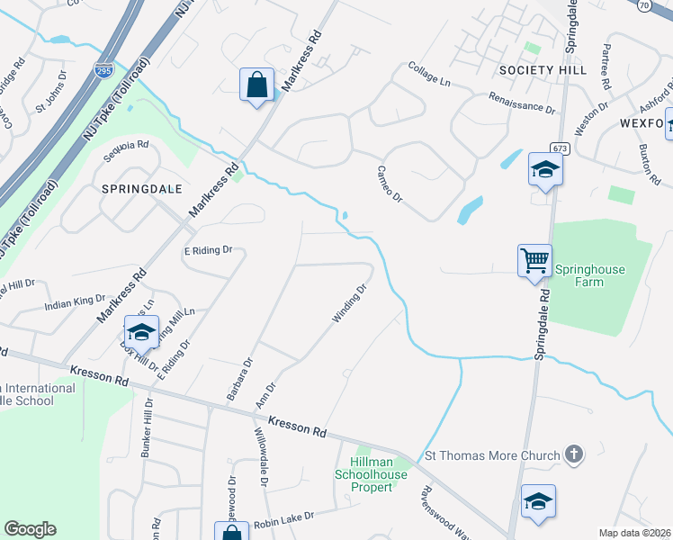 map of restaurants, bars, coffee shops, grocery stores, and more near 1112 Winding Drive in Cherry Hill Township