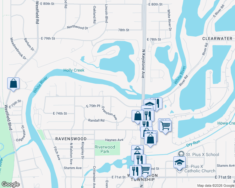 map of restaurants, bars, coffee shops, grocery stores, and more near 2214 East 75th Street in Indianapolis