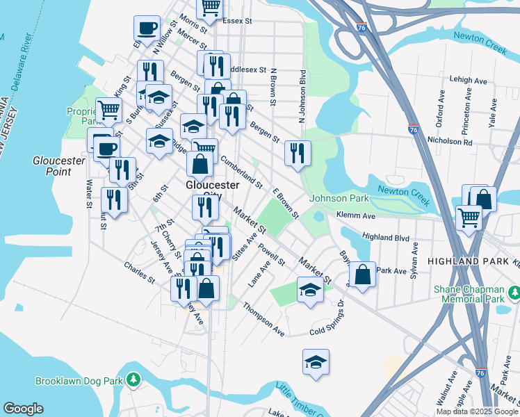 map of restaurants, bars, coffee shops, grocery stores, and more near 128 Westminster Street in Gloucester City