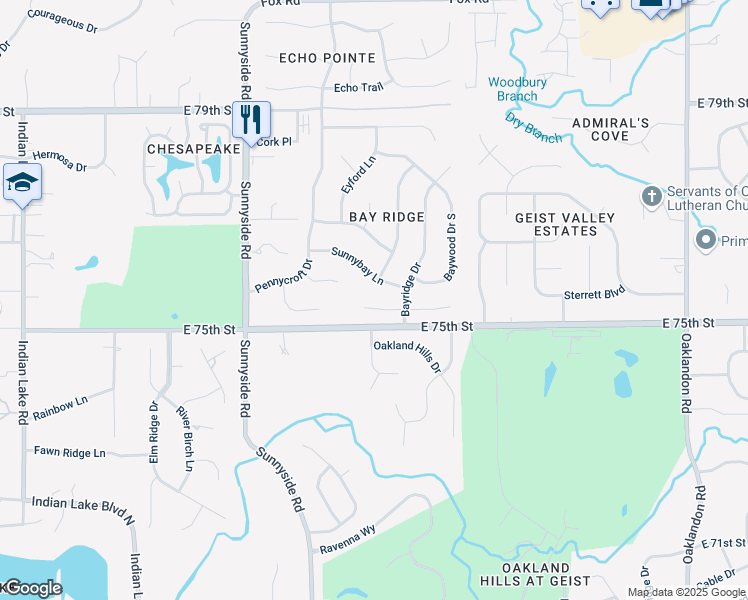 map of restaurants, bars, coffee shops, grocery stores, and more near 11103 Sunnybay Lane in Indianapolis