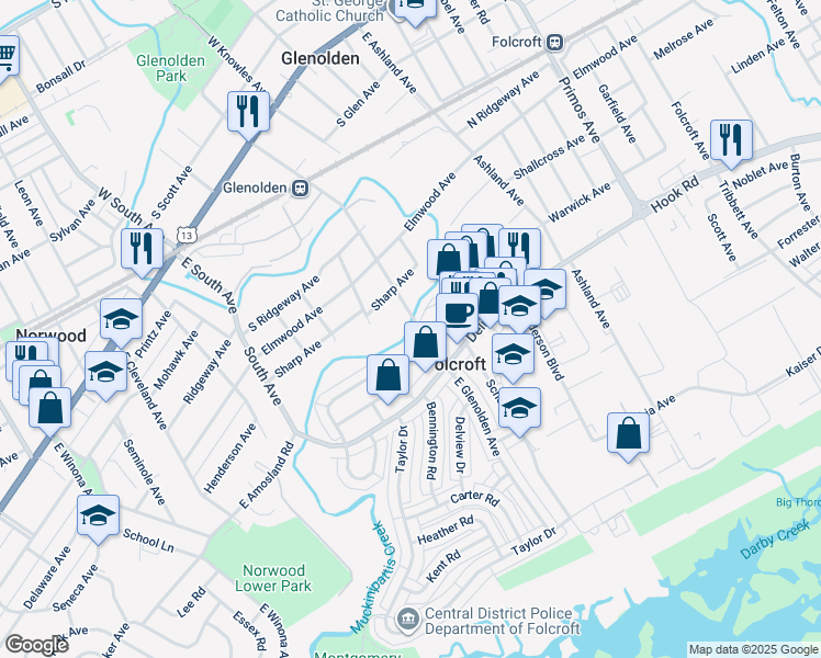 map of restaurants, bars, coffee shops, grocery stores, and more near 600 Grant Road in Folcroft