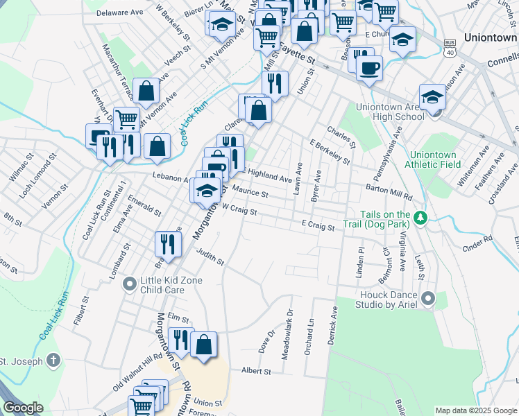 map of restaurants, bars, coffee shops, grocery stores, and more near 59 Maurice Street in Uniontown