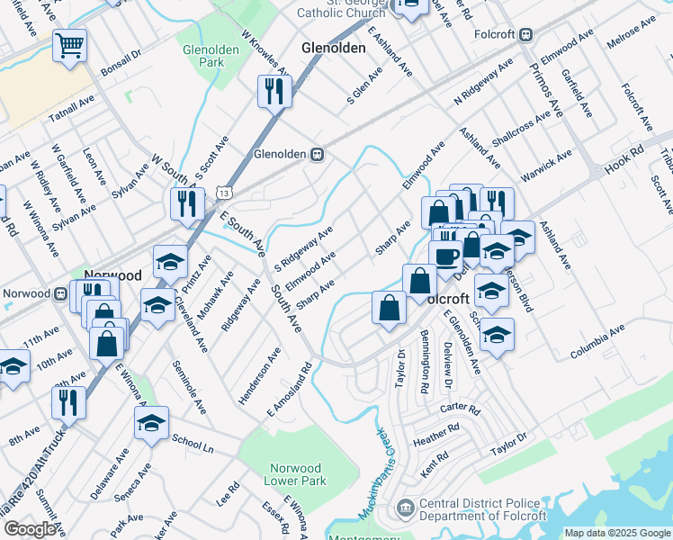 map of restaurants, bars, coffee shops, grocery stores, and more near 500 Sharp Avenue in Glenolden
