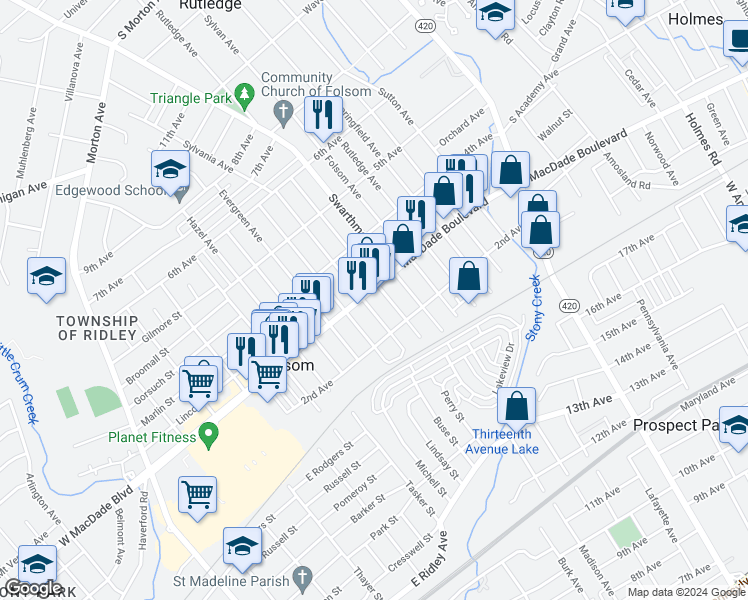map of restaurants, bars, coffee shops, grocery stores, and more near 1000 MacDade Boulevard in Folsom