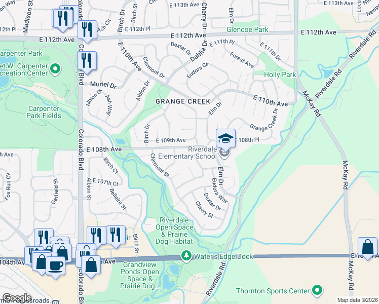 map of restaurants, bars, coffee shops, grocery stores, and more near 4640 East 109th Avenue in Thornton