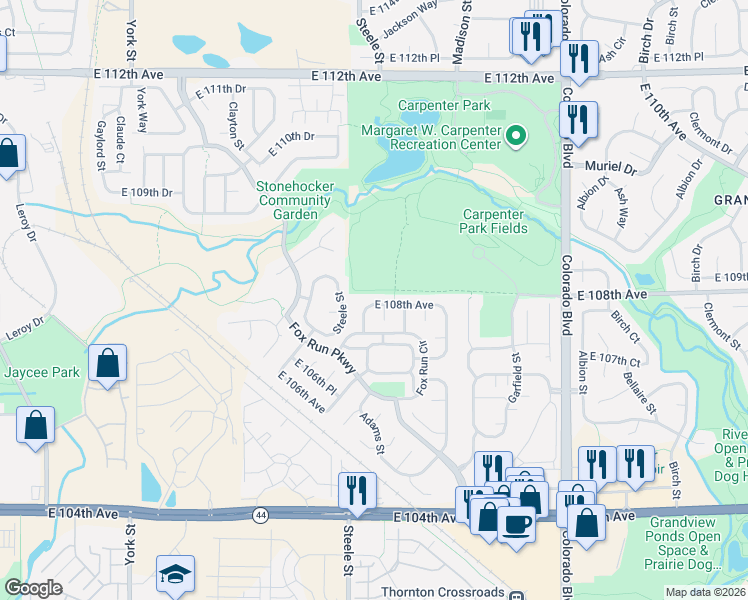 map of restaurants, bars, coffee shops, grocery stores, and more near 3303 East 108th Avenue in Northglenn