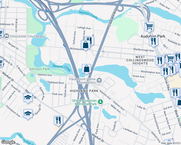 map of restaurants, bars, coffee shops, grocery stores, and more near 31 Crescent Boulevard in Gloucester City