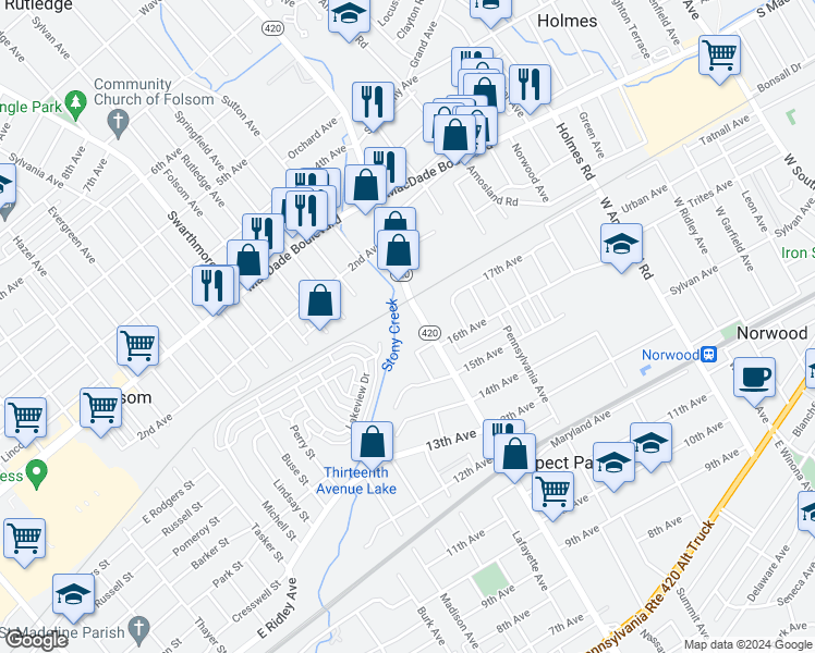 map of restaurants, bars, coffee shops, grocery stores, and more near 1637 Lincoln Avenue in Prospect Park