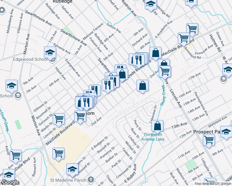 map of restaurants, bars, coffee shops, grocery stores, and more near 1100 MacDade Boulevard in Folsom