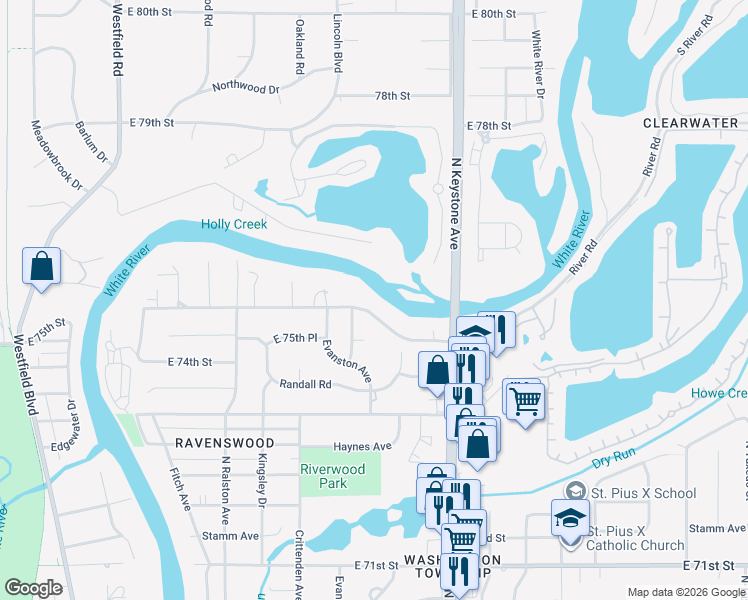 map of restaurants, bars, coffee shops, grocery stores, and more near 2214 East 75th Street in Indianapolis