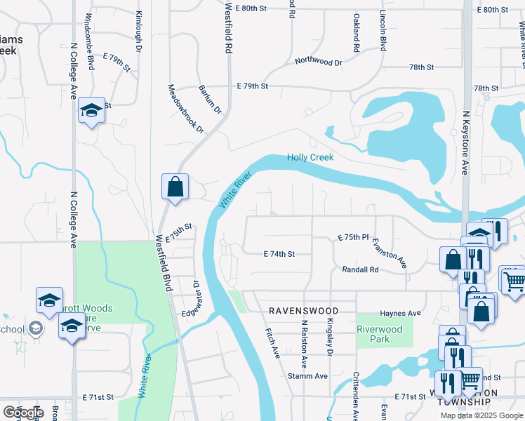 map of restaurants, bars, coffee shops, grocery stores, and more near 7519 Terrace Beach in Indianapolis