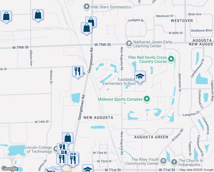 map of restaurants, bars, coffee shops, grocery stores, and more near 7663 Santa Barbara Drive in Indianapolis